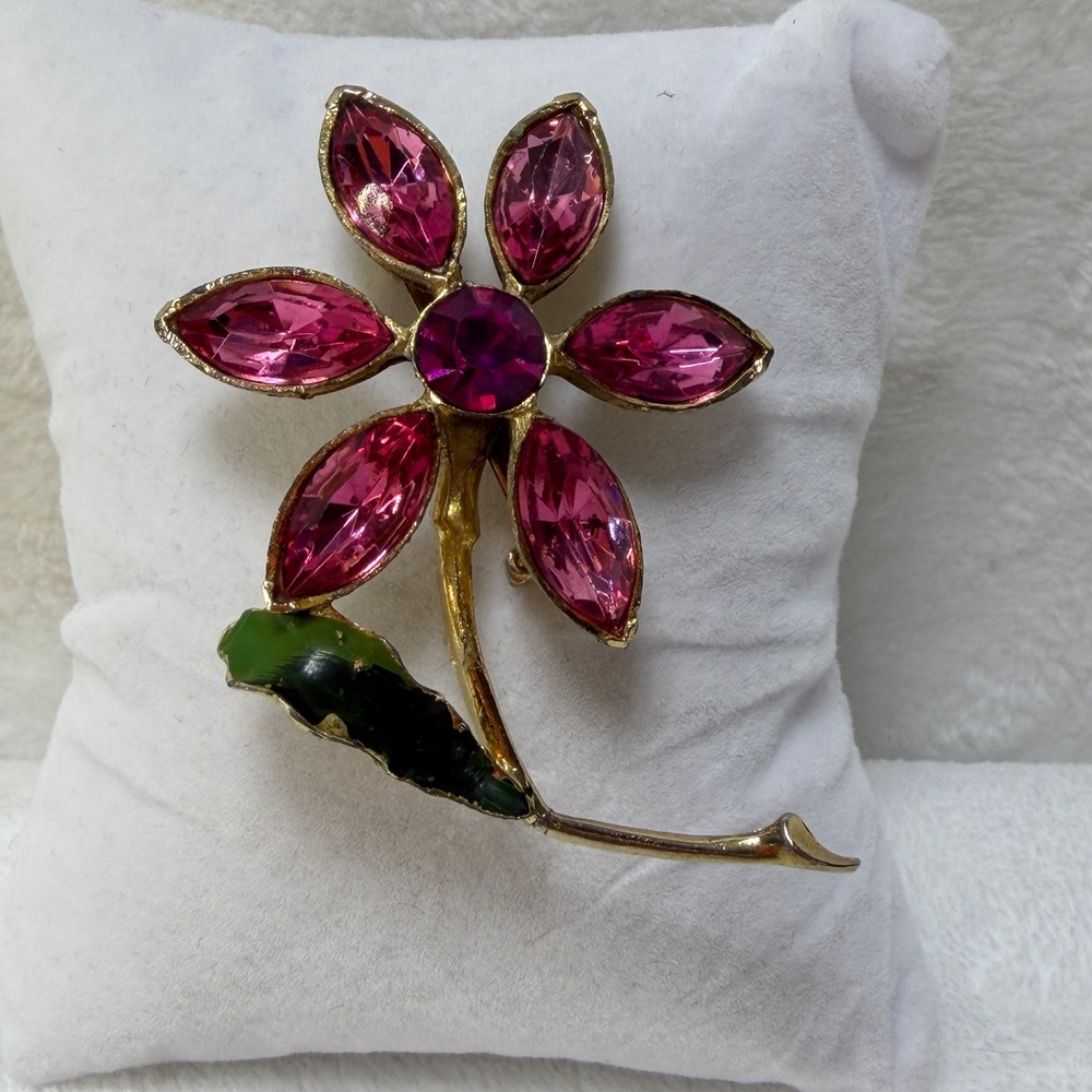 VTG Pink Rhinestone Flower Brooch Gold Tone Green Enamel Leaf Mother's Day